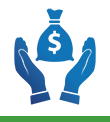 Icon - blue graphic of two hands cupping a bag of money with a dollar sign superimposed