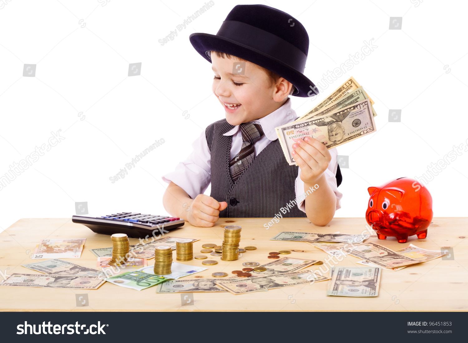 Young Boy Wearing a Top Hat and Tie Counting His Money
